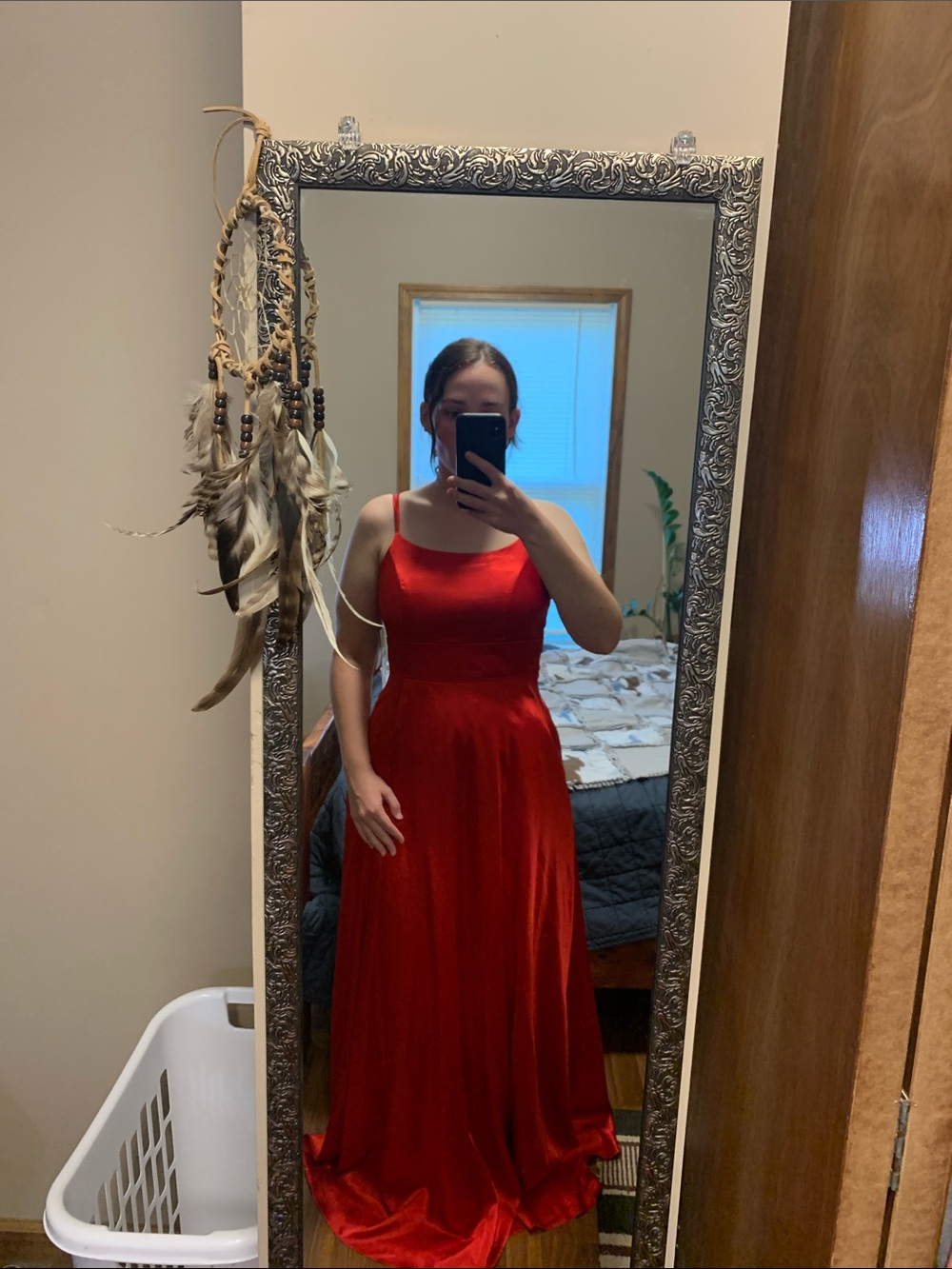 Red Satin Spaghetti-Strap Evening Dress
